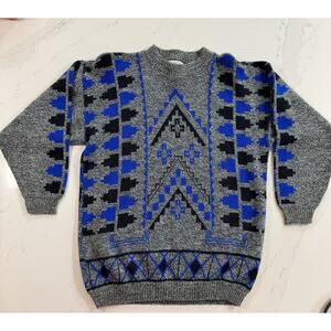 Vintage 80s Sweater La Vista Grey Blue, Black Geometric New Wave Boxy Slouchy S